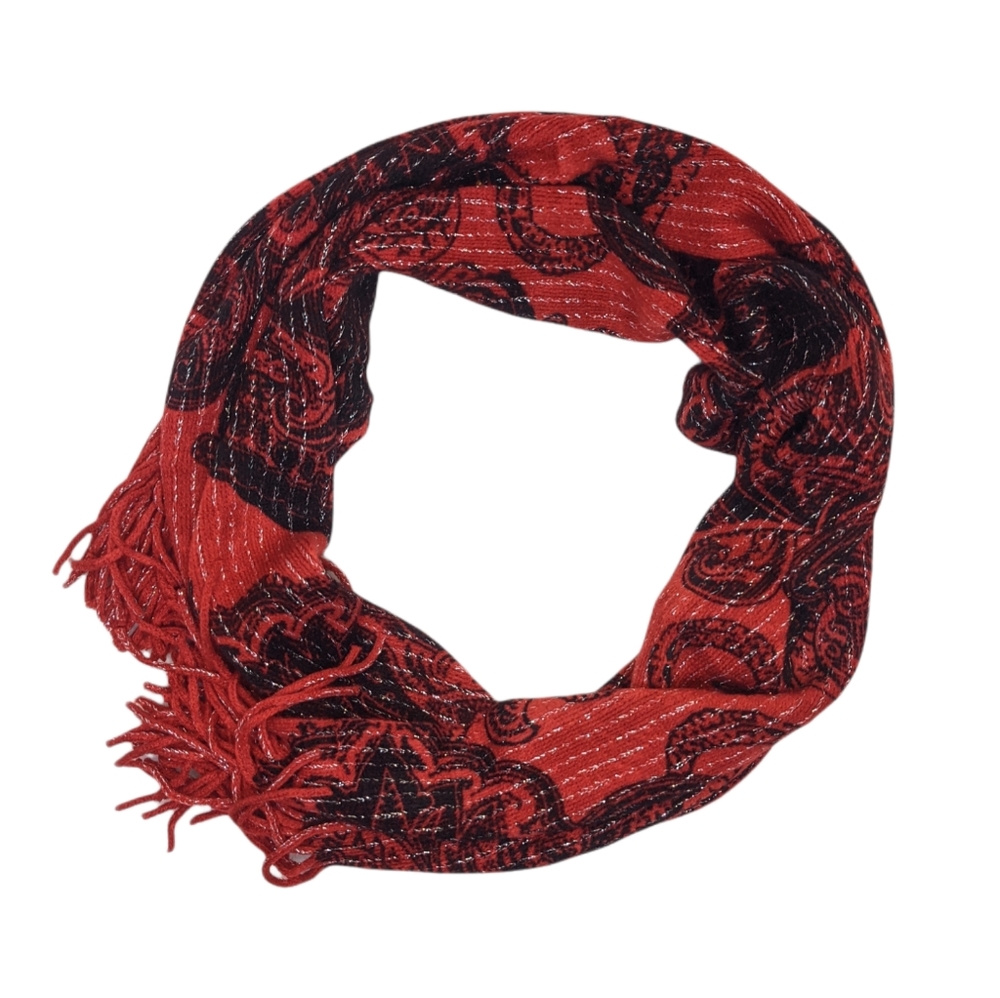 Cejon Red Black Metallic Silver Fringe Winter Scarf